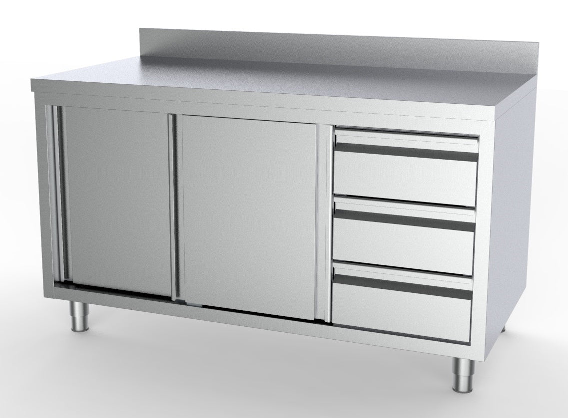CombiSteel 700 WORKTABLE SLIDING DOORS DRAWERS RIGHT WITH UPSTAND 1600 – commercial catering equipment