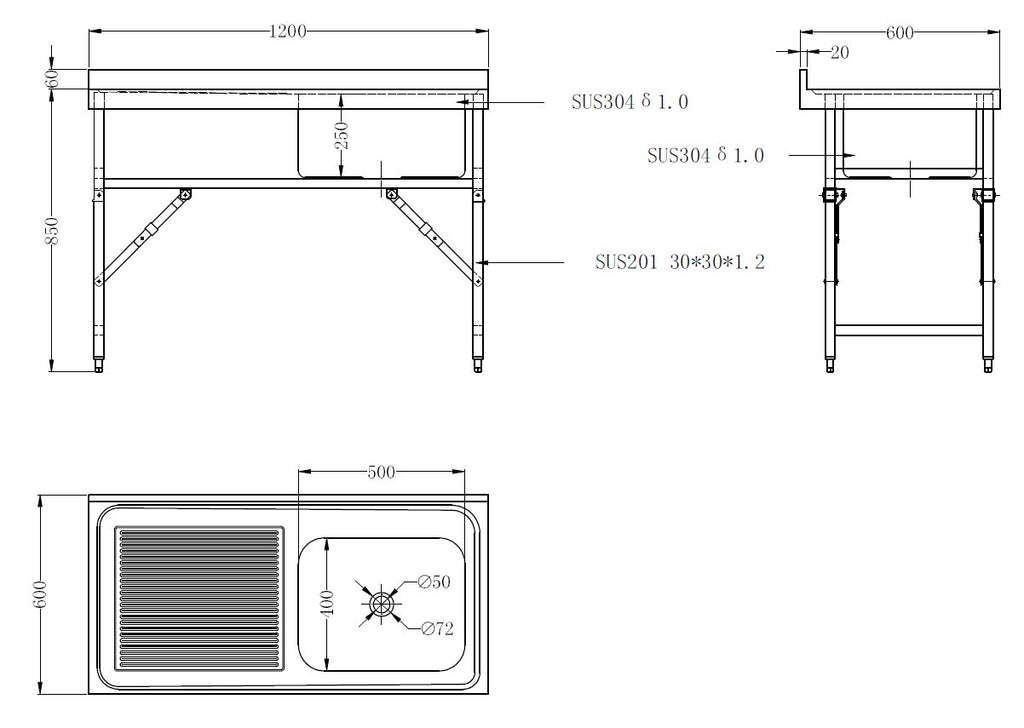 CombiSteel 600 FOLD DOWN SINK UNIT 1200 1R