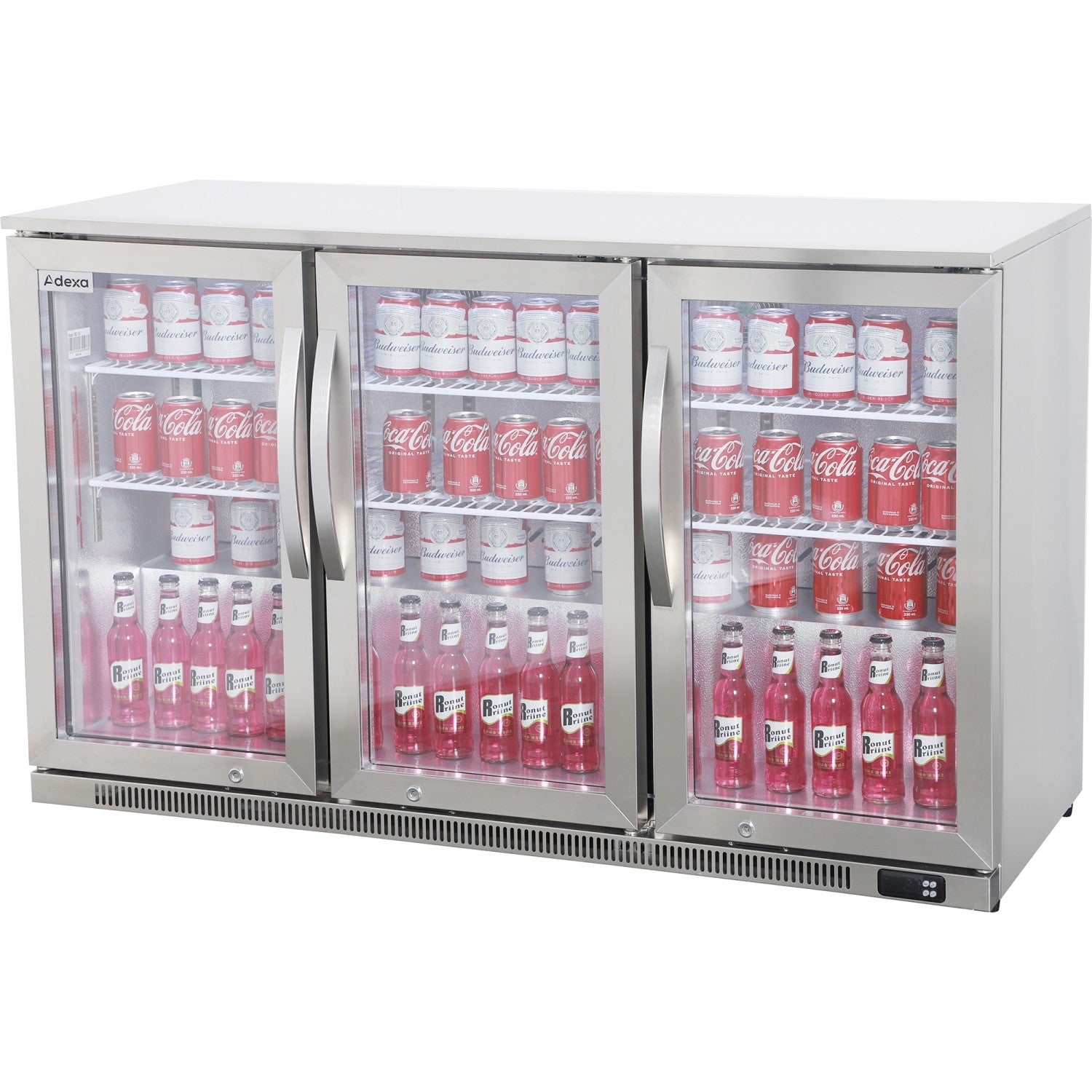 Commercial Back Bar Cooler 332 Litres 3 Hinged Glass Doors Stainless Steel 1340x550x860mm BBC3HS