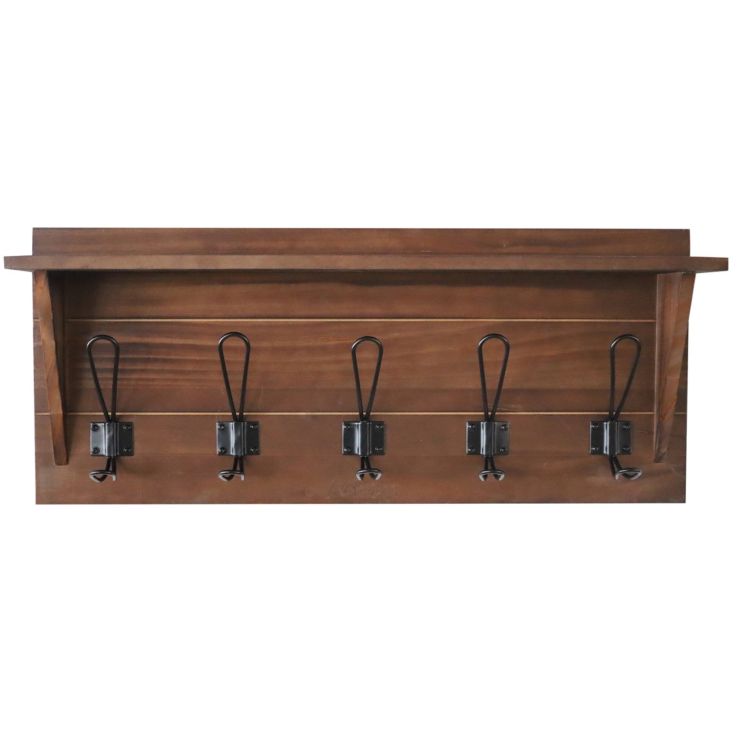 Rustic Wall Mounted 24" (610mm) Coat Rack Shelf with 5 Rustic Hooks Solid Pine Wood Brown GWA322