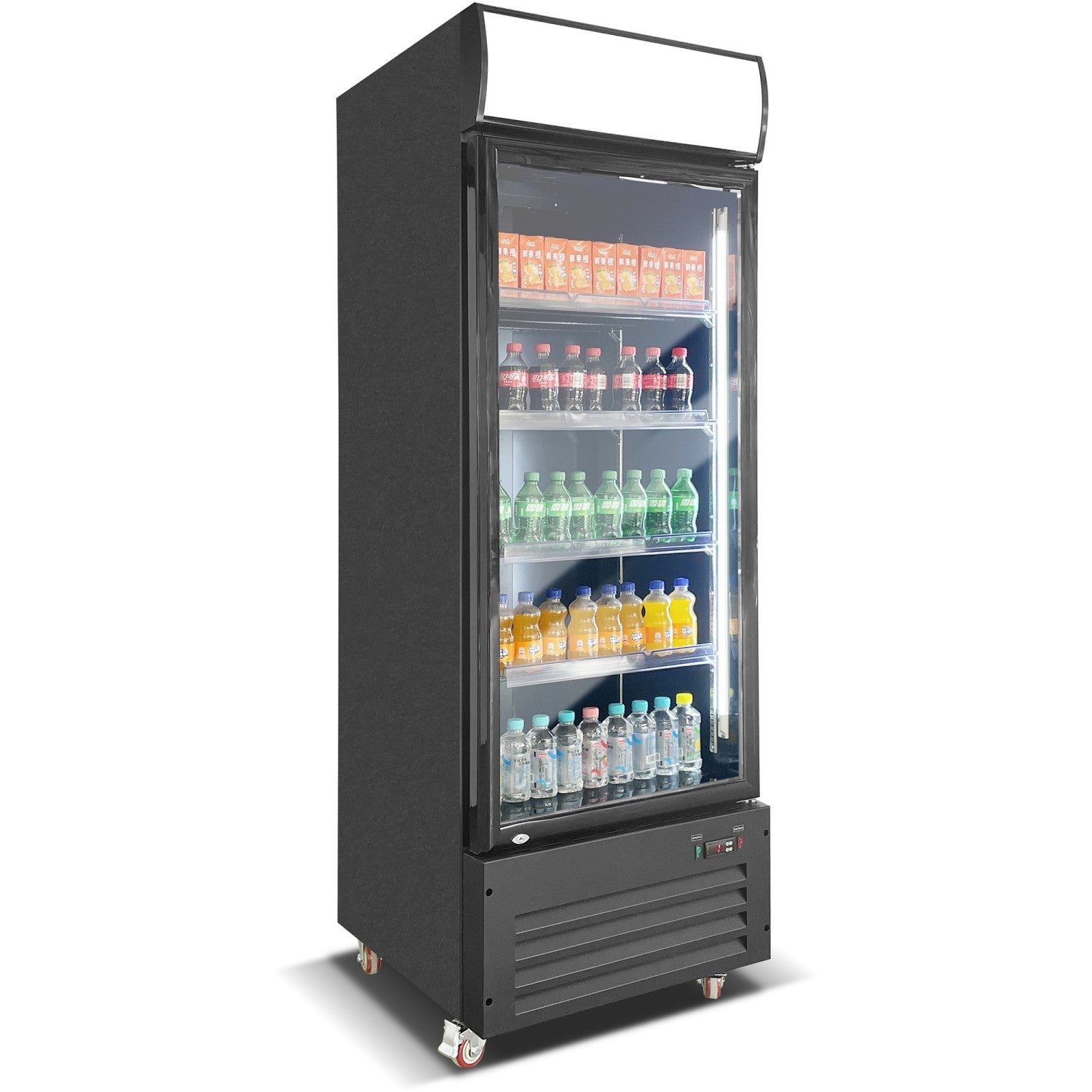 Commercial Bottle Cooler Upright 600 litres Single Glass Door with LED Canopy in Black KXG600H