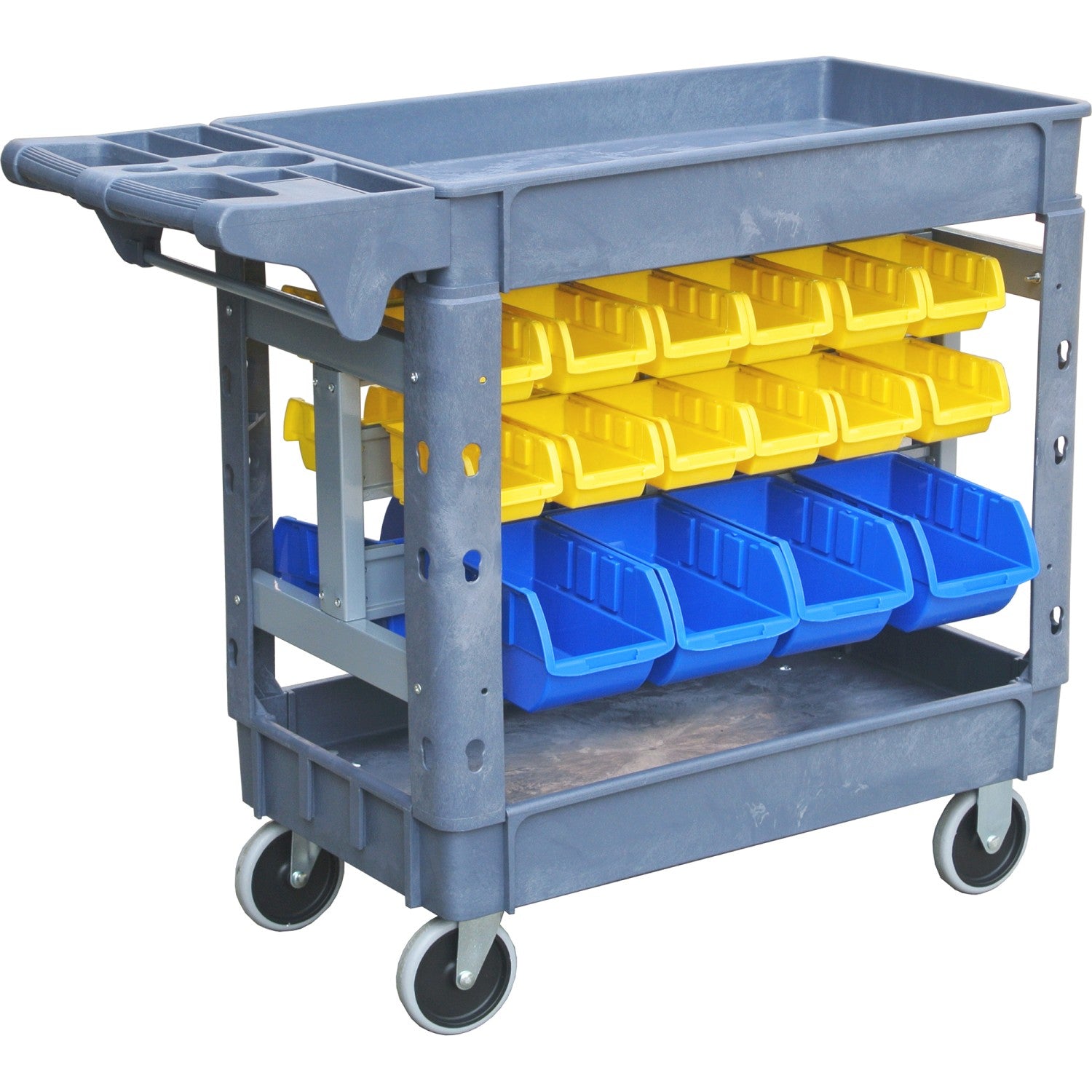 Professional 2-Tier Utility Trolley with Storage Bin Rack &amp; 42 Plastic Bins 227kg Capacity 950x650mm PSB9565242A