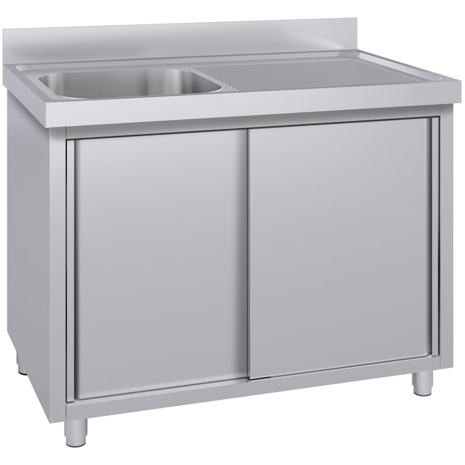 Commercial Stainless Steel Sink with Cupboard &amp; Splashback 1 Bowl Left Side 1500x600x850mm QNH1006