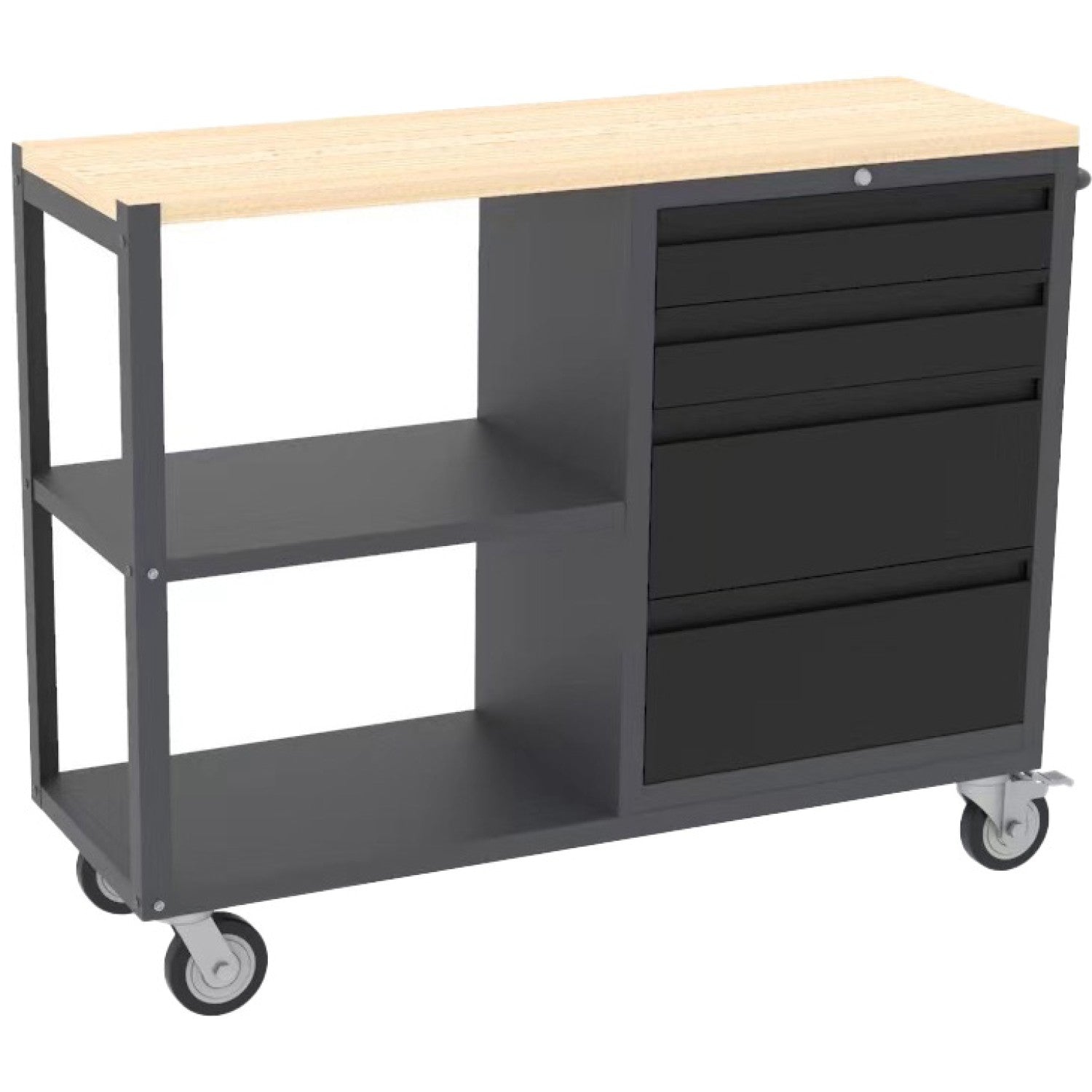 Professional Mobile Grey and Black Tool Cabinet with 4 Drawers and 2 Shelves Wooden Worktop 1480x500x1000mm TC097