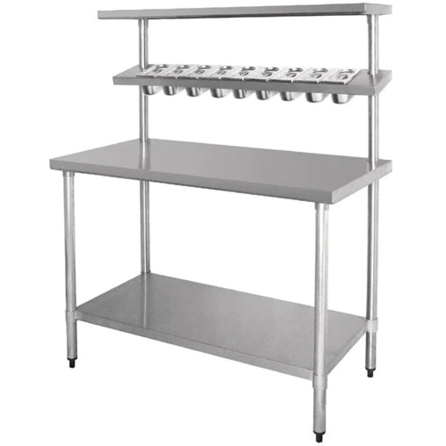 Stainless Steel Prep table 9 x GN1/9 &amp; Top shelf &amp; Undershelf WTG60120