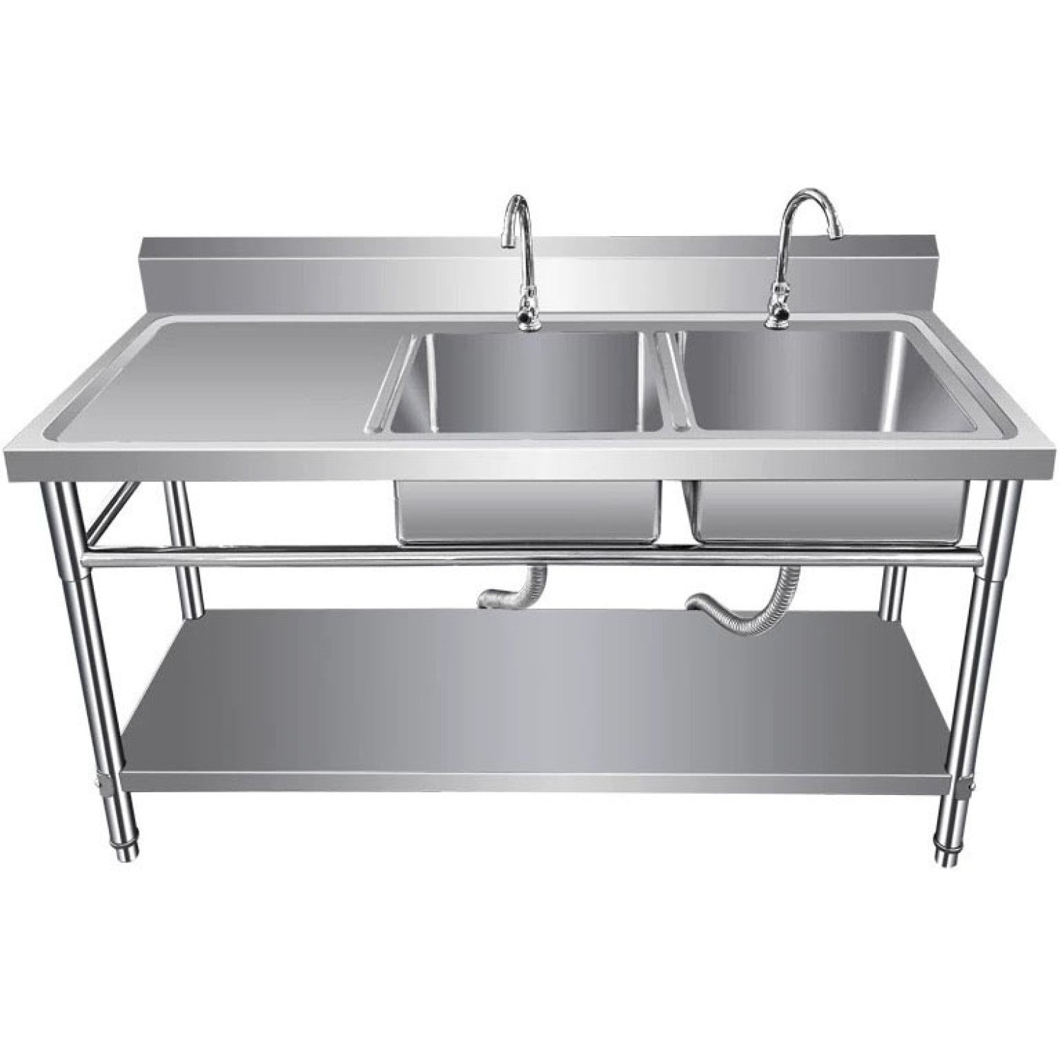 Commercial Sink Stainless steel 1400x600x850mm 2 Bowls right Splashback Undershelf WUDBS14060RIGHT