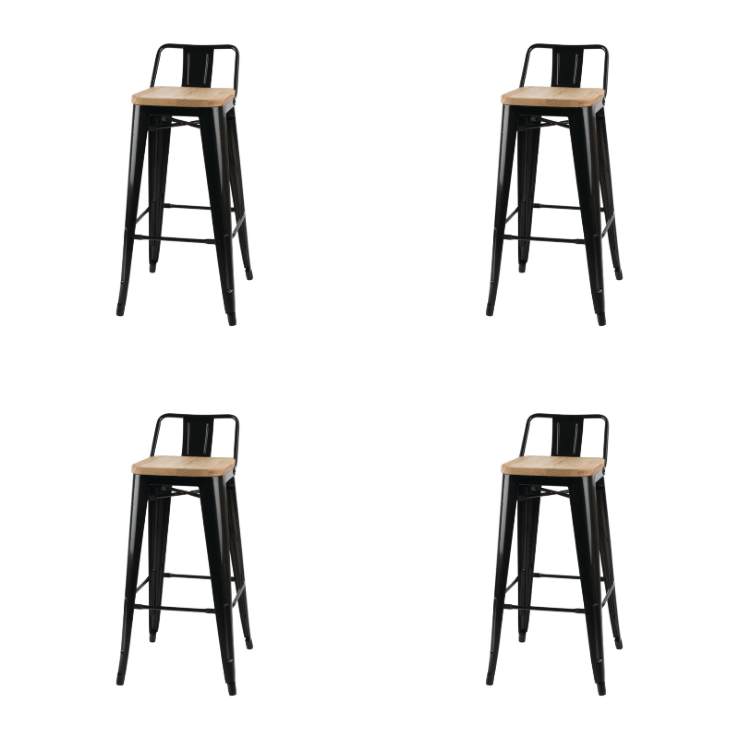 High Bar Stool Steel Black with Wooden Seat and Backrest Indoors - Set of 4 WW62B