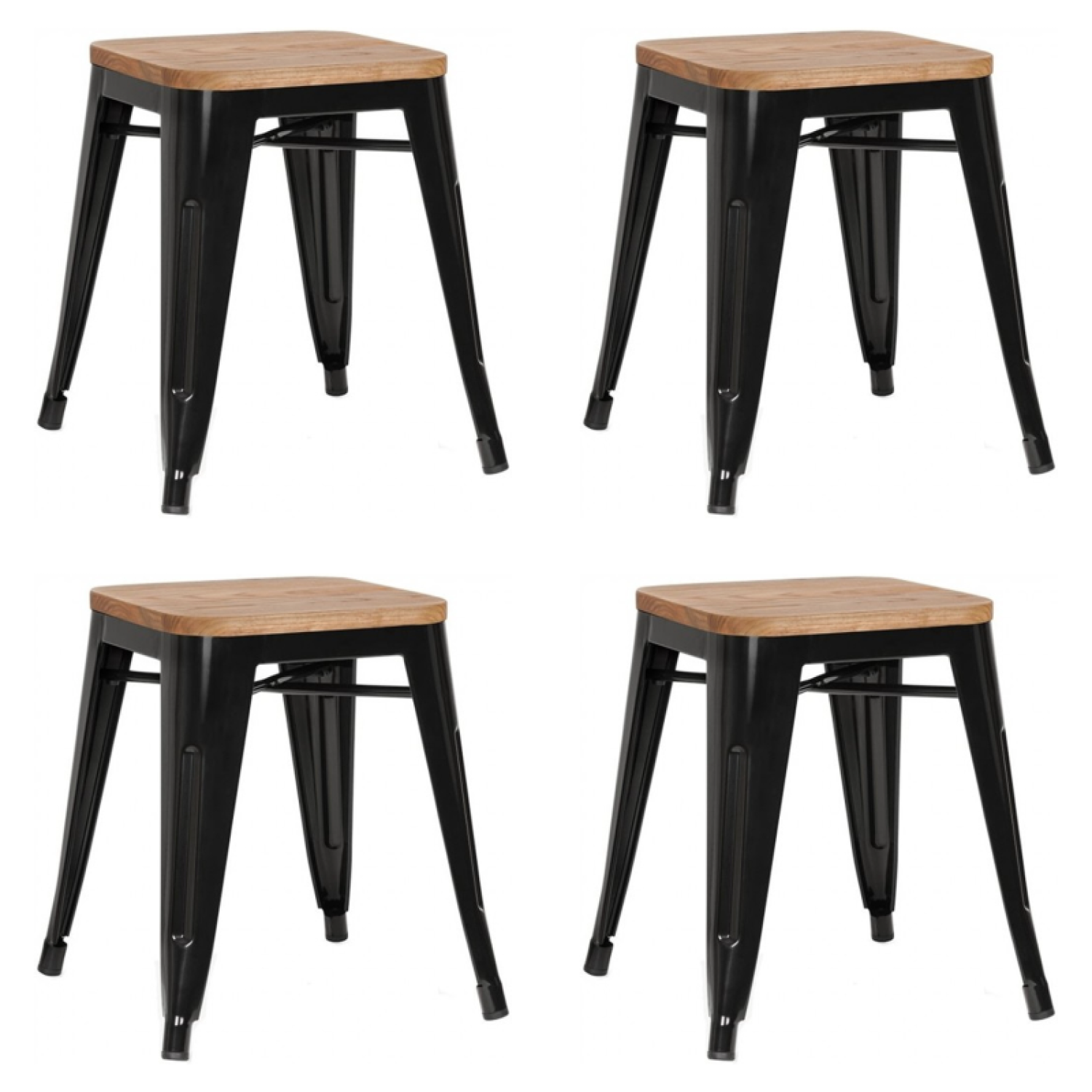 Bistro Low Stool with Wooden seat Steel Black Indoors - Set of 4 WW65B