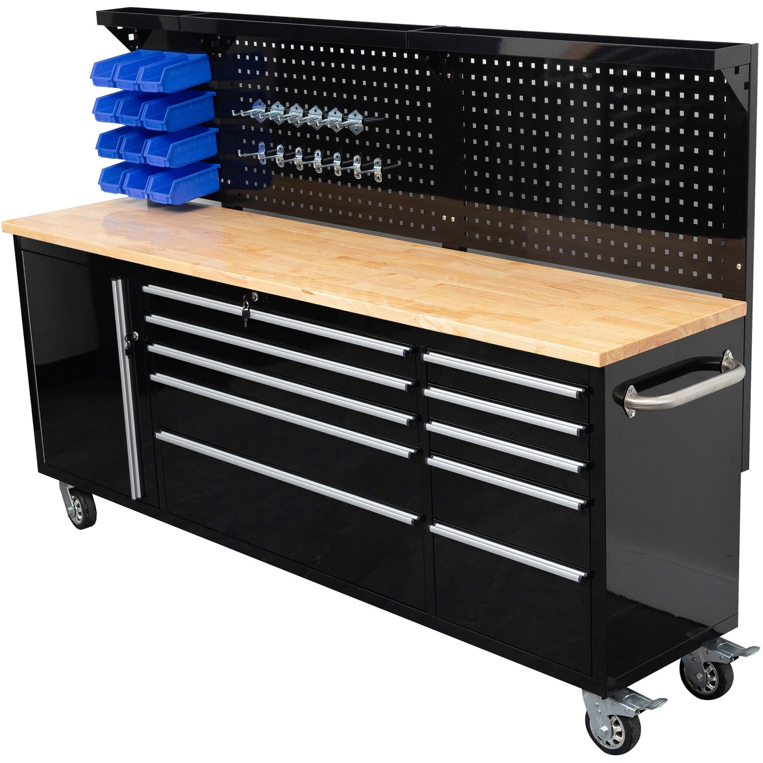 Widebody Heavy Duty 84" Steel Rolling Tool Chest with Wooden Worktop &amp; Pegboard Back Panel 10 Drawers 1 Side Cabinet 2284x485x1448mm Black YZM102