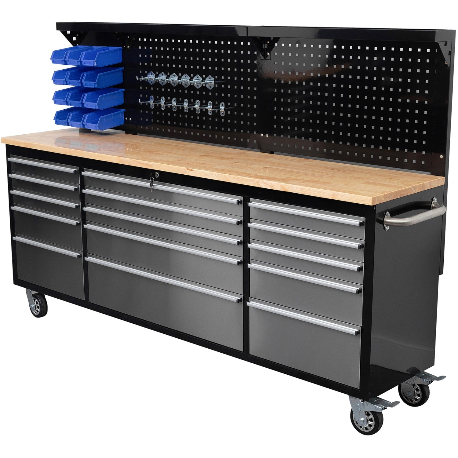 Widebody Heavy Duty 84" Steel Rolling Tool Chest with Wooden Worktop &amp; Pegboard Back Panel 15 Drawers 2284x485x1448mm Black &amp; Silver YZM104