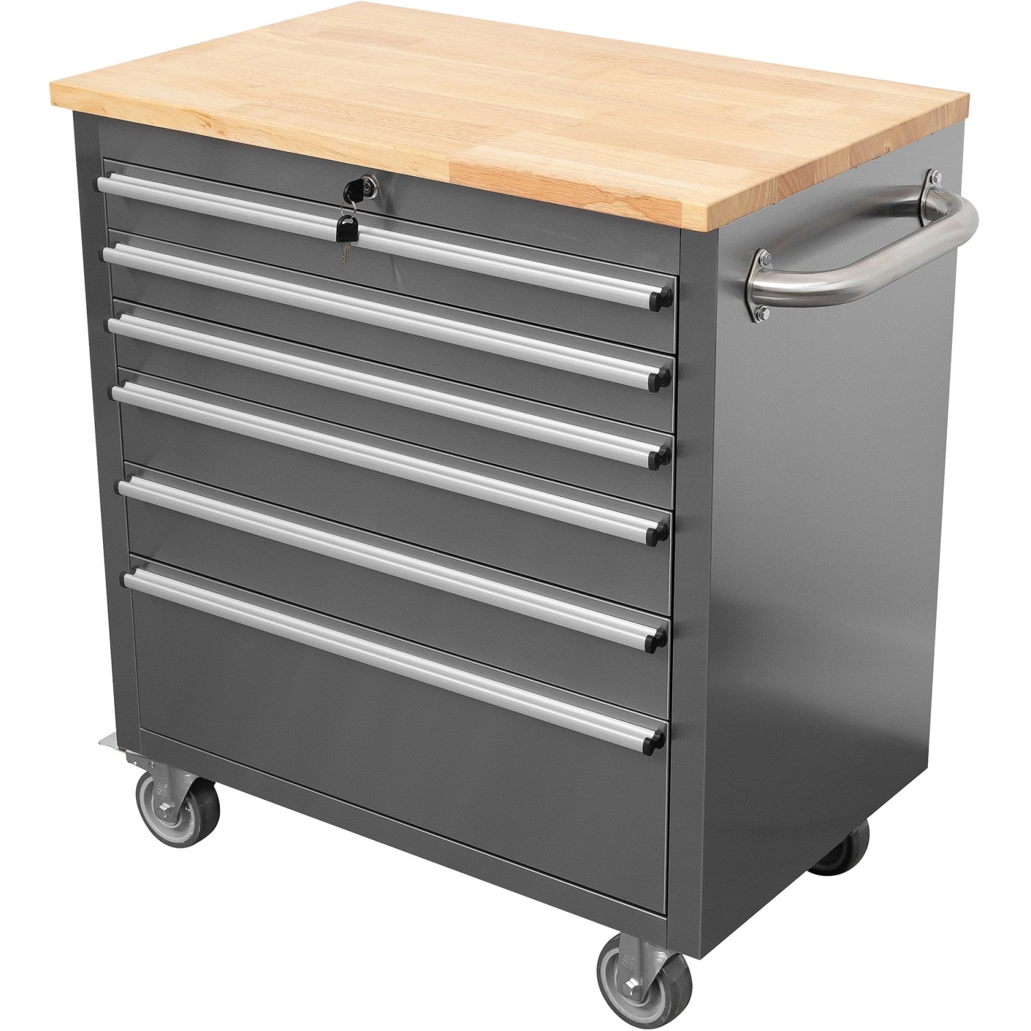 Heavy Duty 30" Stainless Steel Rolling Tool Chest with Wooden Worktop 6 Drawers 835x485x877mm Silver YZM130